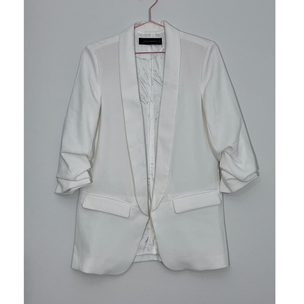 Zara Ruched Sleeve White Blazer Size XS